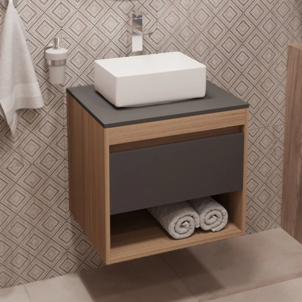 Тумба с раковиной Teymi Ritta 55 дуб эврика, матовый графит, раковина Helmi Mini 38