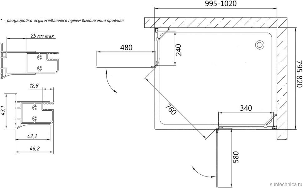 Душевой уголок Vegas Glass AFA-F 100*80 01 01 R профиль белый, стекло прозрачное
