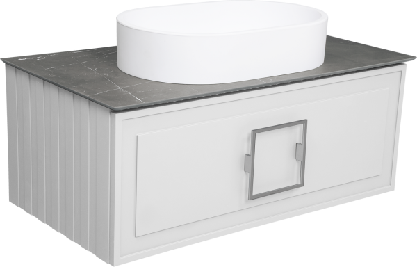 Тумба с раковиной La Fenice Cubo 90 подвесная, bianco, ручка хром, столешница черный мрамор, раковина матовая белая