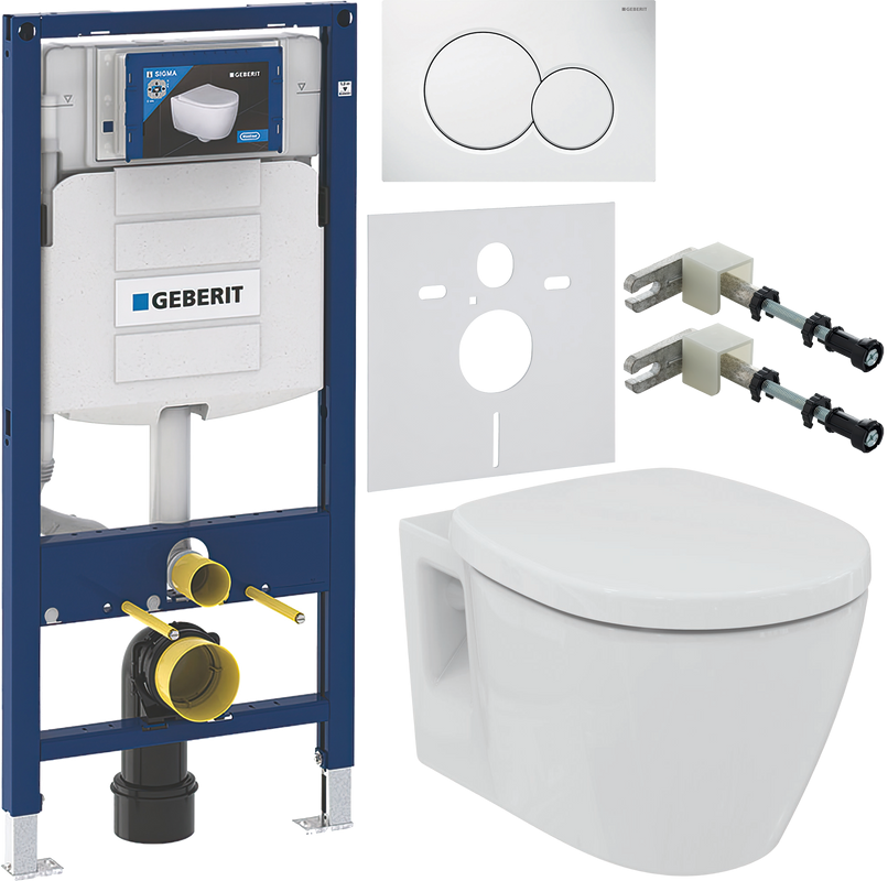Комплект Унитаз подвесной Ideal Standard Connect + Крышка + Инсталляция Geberit Duofix UP 320 111.300.00.5 + Кнопка Sigma 01 115.770.11.5 белая + Крепления 111.815.00.1 к стене + Звукоизоляция