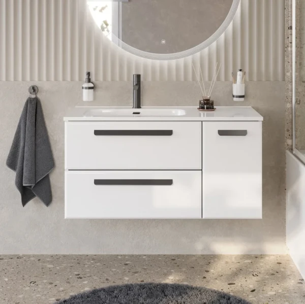 Тумба под раковину без столешницы Cezares Eco Cer-N 100 L 2 ящика, 1 дверца, bianco lucido, ручки матовые черные