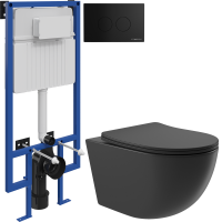 Комплект Унитаз подвесной Aqueduto Ovo OVO0140 безободковый, с микролифтом, черный матовый + Инсталляция STWORKI + Кнопка Хельсинки 500471 черная матовая