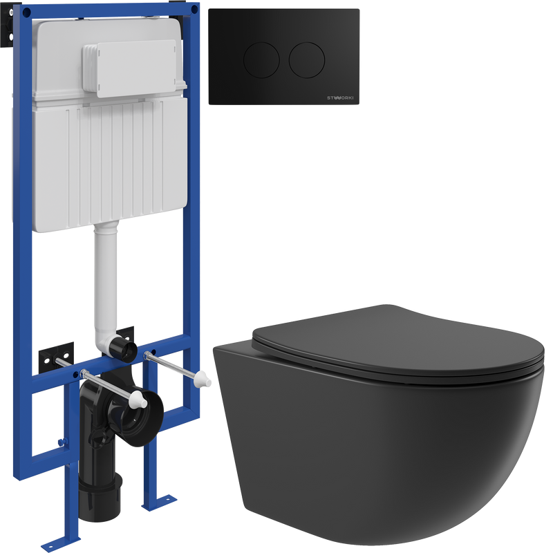 Комплект Унитаз подвесной Aqueduto Ovo OVO0140 безободковый, с микролифтом, черный матовый + Инсталляция STWORKI + Кнопка Хельсинки 500471 черная матовая