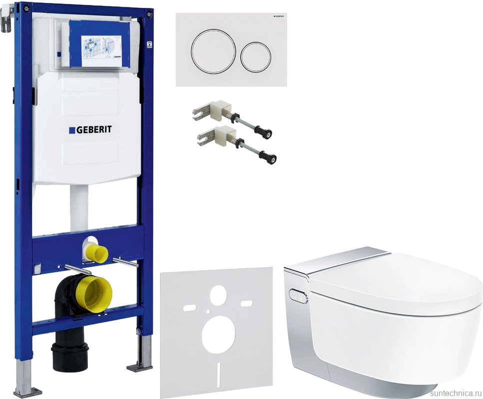 Комплект Умный унитаз Geberit AquaClean Mera Comfort 146.214.21.1 с системой удаления запахов, глянцевый хром + Крепления Duofix 111.815.00.1 к стене + Звукоизоляция + Инсталляция UP 320 111.300.00.5 + Кнопка Sigma 20 115.882.11.1 белая
