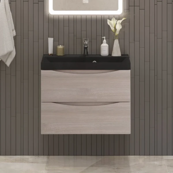 Тумба с раковиной BelBagno Marino 60 подвесная, rovere grigio, черная раковина