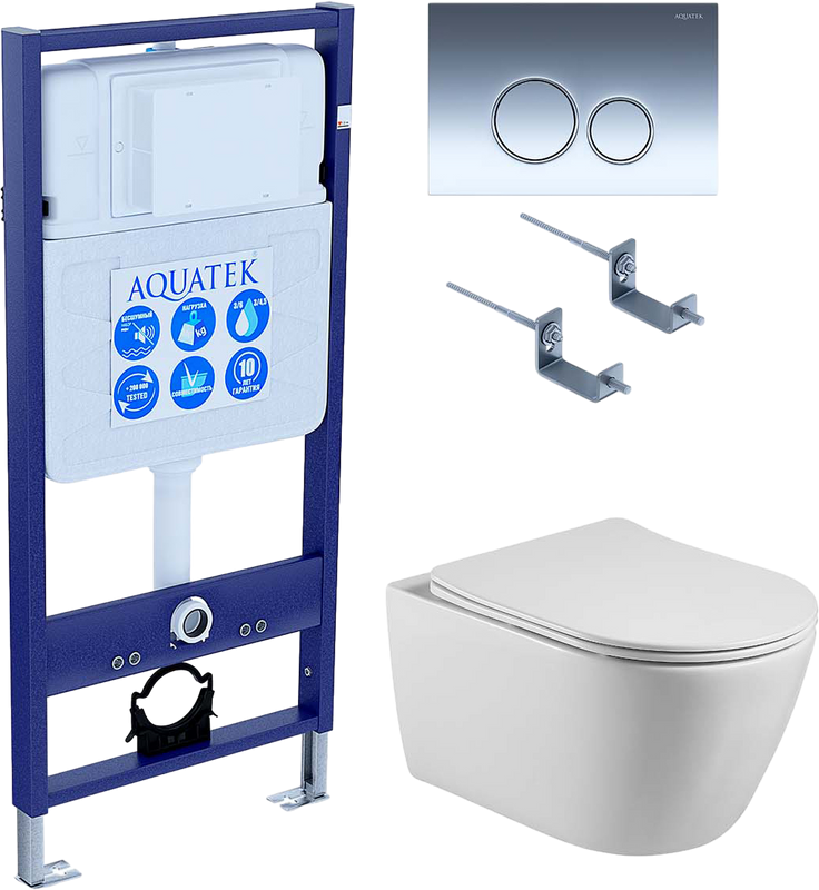 Комплект Унитаз подвесной AQUATEK Бетта AQ1253W-00 безободковый, с микролифтом + Инсталляция Standard INS-0000012 + Комплект креплений KKI-0000002 + Кнопка KDI-0000018 глянцевый хром