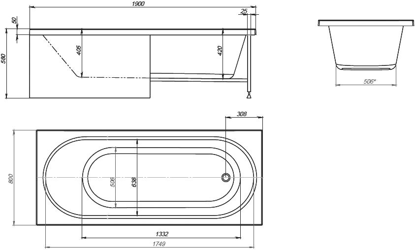 Акриловая ванна Alex Baitler Baikal 190x80 см, встраиваемая, белая, с каркасом