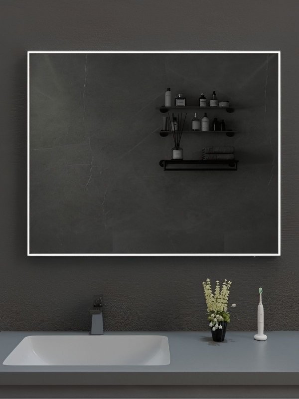 Зеркало в ванную с подсветкой Esbano ES-3803RD 80x60 см для ванной комнаты прямоугольное, с инфракрасным выключателем, со встроенной LED подсветкой с регулировкой яркости, холодный свет, с подогревом полотна, профиль хром