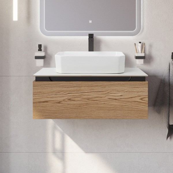 Тумба с раковиной Cezares Slider 80 подвесная, 1 ящик, дуб тангент, со столешницей bianco opaco