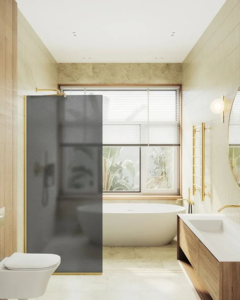 Душевая перегородка Maybahglass MGD-682-3у 109 см, профиль золото, стекло графит матовое