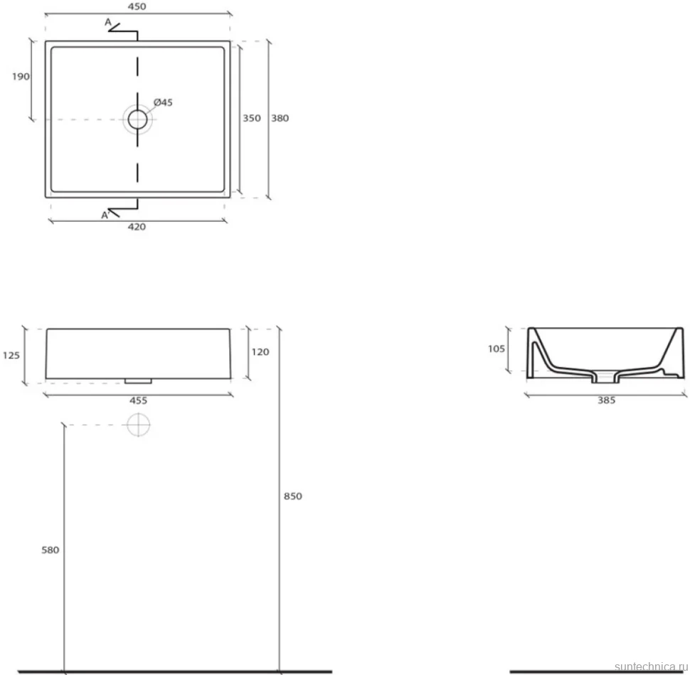 Накладная раковина Galassia Plus Design 6104 45 глянцевая белая, прямоугольная, фаянс