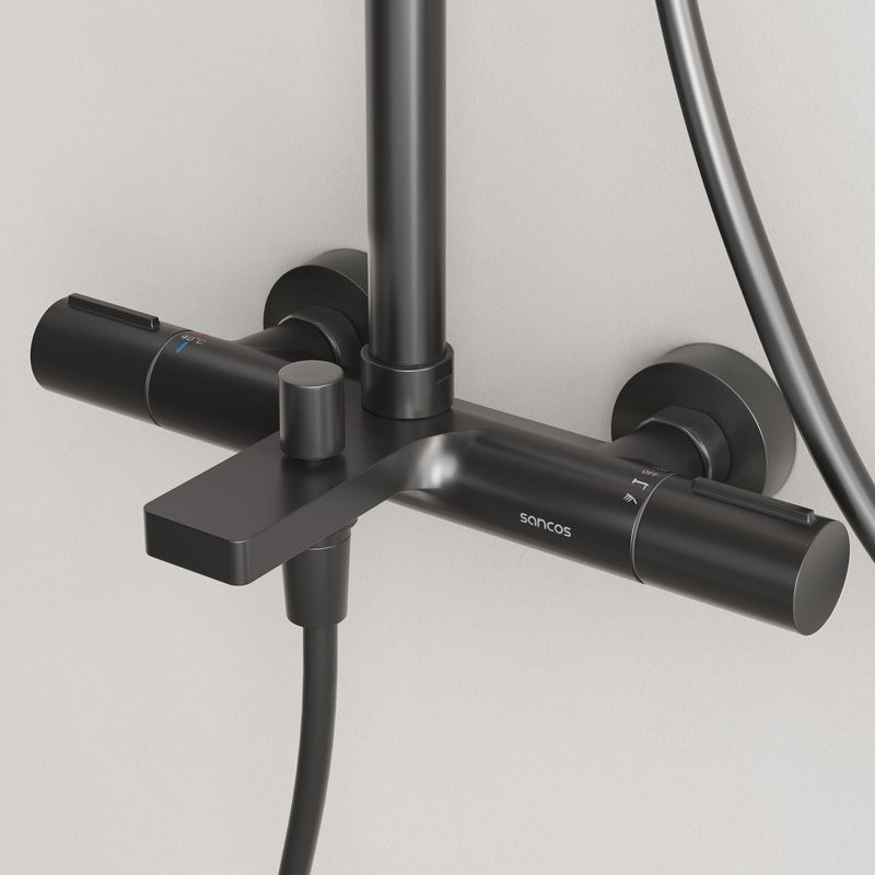 Душевая стойка Sancos Etna SC9008MB с термостатом, черная матовая