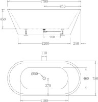 Акриловая ванна BelBagno BB61-1700-W0 170x75 см, отдельностоящая, белая, овальная, на ножках, с донным клапаном