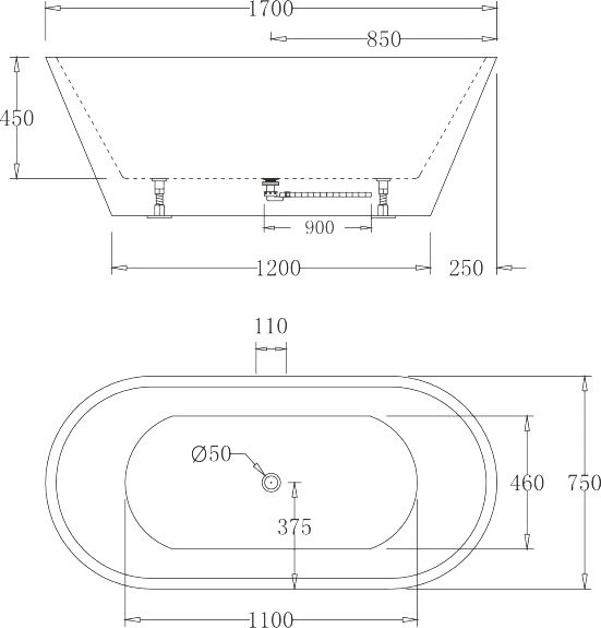 Акриловая ванна BelBagno BB61-1700-W0 170x75 см, отдельностоящая, белая, овальная, на ножках, с донным клапаном
