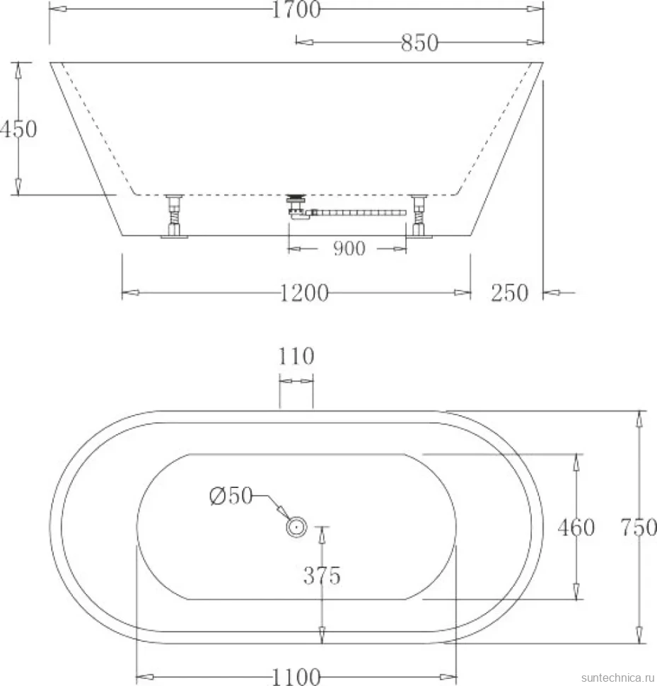 Акриловая ванна BelBagno BB61-1700-W0 170x75 см, отдельностоящая, белая, овальная, на ножках, с донным клапаном