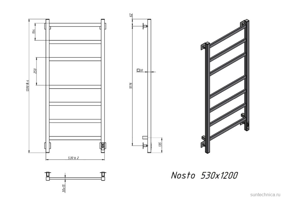 Полотенцесушитель электрический Grota Nosto 530х1200 RAL9016 EL 120x55 см, подключение справа, слева, скрытое подключение справа, матовый белый, лесенка, из стали
