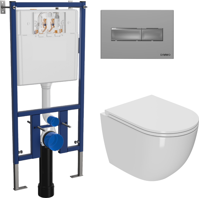 Комплект Унитаз подвесной Bauedge Bau Dream Hurricane-2 безободковый, с микролифтом, белый + Инсталляция DIWO + Кнопка 7321 хром матовый