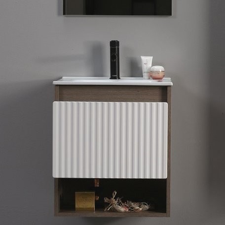 Тумба с раковиной Belux Долли НП 70-01 подвесная, дуб Денвер, глянцевый белый