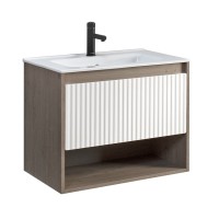 Тумба с раковиной Belux Долли НП 70-01 подвесная, дуб Денвер, глянцевый белый