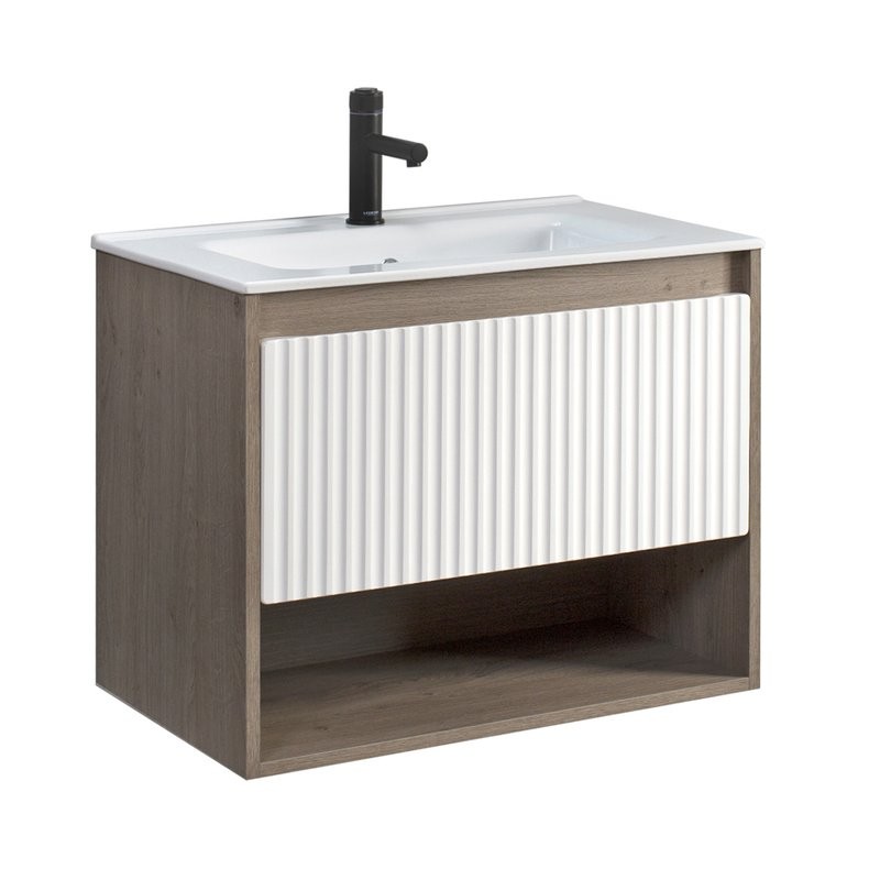 Тумба с раковиной Belux Долли НП 70-01 подвесная, дуб Денвер, глянцевый белый