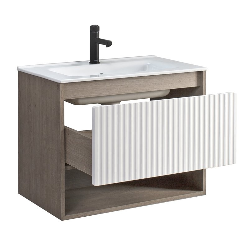 Тумба с раковиной Belux Долли НП 70-01 подвесная, дуб Денвер, глянцевый белый