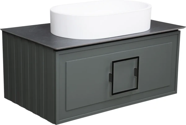 Тумба с раковиной La Fenice Cubo 80 подвесная, grigio, ручка черная, столешница черный мрамор, раковина белая матовая
