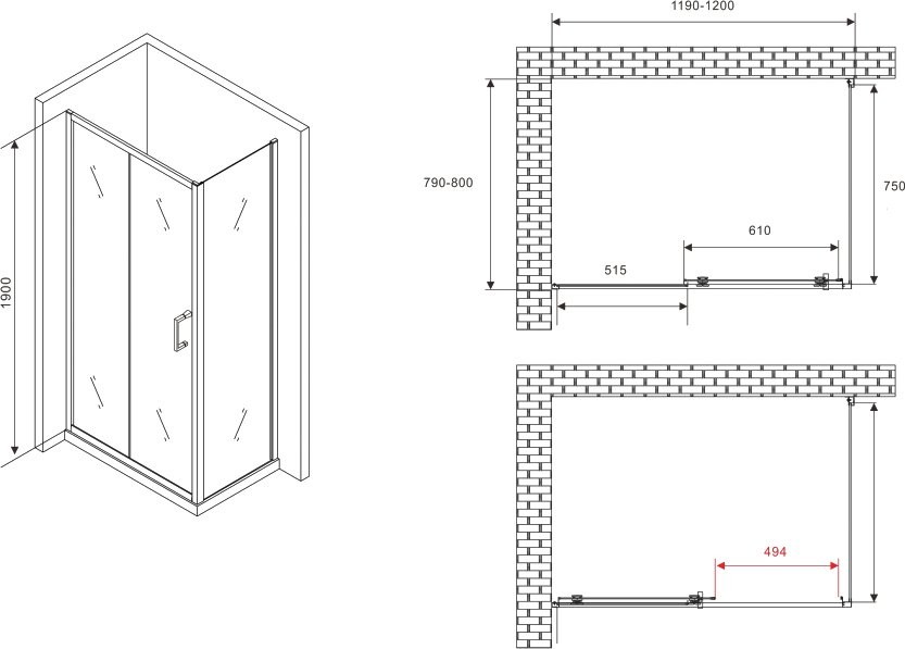 Душевой уголок Abber Schwarzer Diamant AG301205-S805 120х80, профиль хром, стекло прозрачное