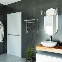 Полотенцесушитель электрический Grota Alto 530х600 NP EL 60x55 см, подключение справа, слева, скрытое подключение справа, глянцевый хром, лесенка, с полкой