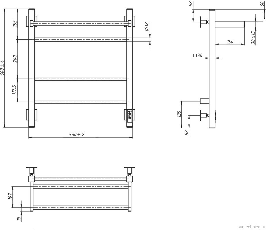 Полотенцесушитель электрический Grota Alto 530х600 NP EL 60x55 см, подключение справа, слева, скрытое подключение справа, глянцевый хром, лесенка, с полкой