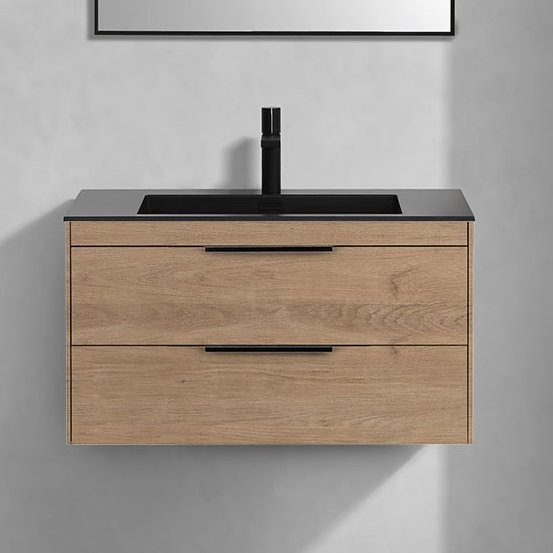 Тумба с раковиной Vincea Chiara 2D 80, 2 ящика, натуральный дуб, с черной раковиной