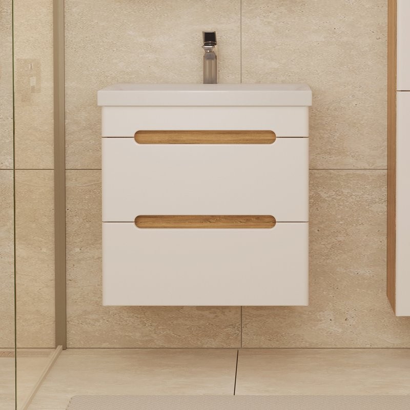 Тумба с раковиной SanStar Diva 50 подвесная, матовая белая, дуб вотан, раковина Moduo 50