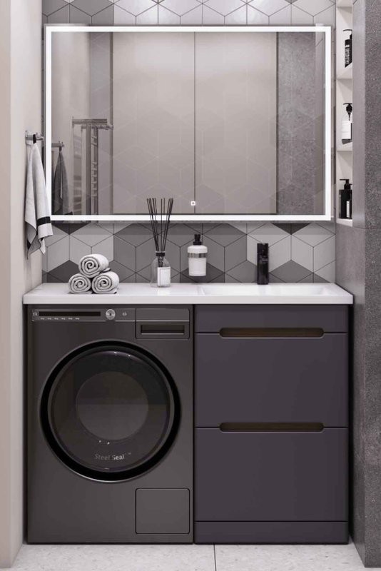 Мебель для ванной комнаты SanStar Darko 120 R напольная, под стиральную машину, графит софт, дуб вотан, раковина Даллас 120