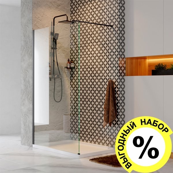 Душевая перегородка Wasserkraft Abens Abens 20W39 90 см, профиль черный + душевая стойка
