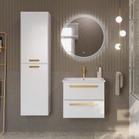 Шкаф пенал для ванной Cezares Eco 40 универсальный ручки сатиновое золото, bianco lucido