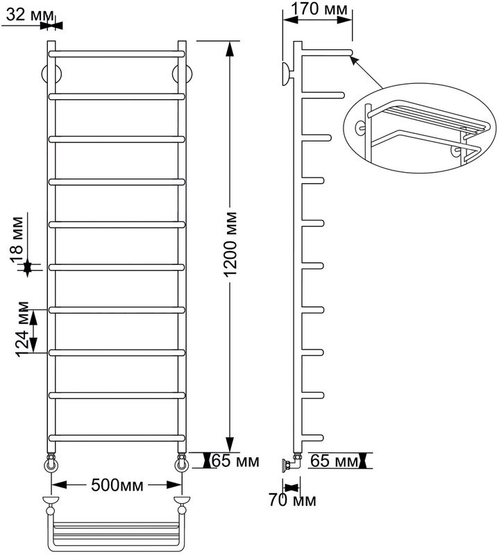 Полотенцесушитель водяной Secado Мерида 2 125x55 см, бронза, лесенка, латунь, с полкой