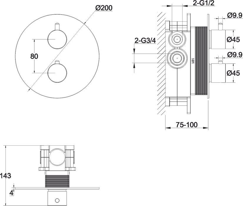 Термостатический смеситель встраиваемый WHITECROSS Y Y1236GLB С ВНУТРЕННЕЙ ЧАСТЬЮ, для ванны с душем, брашированное золото