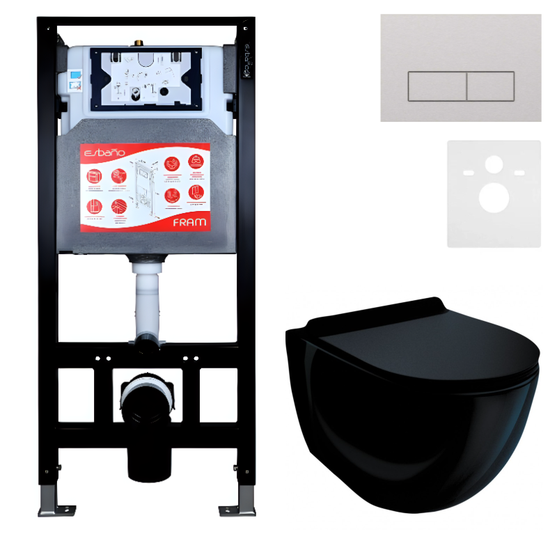 Комплект Унитаз подвесной Esbano Garcia ESUPGARCB черный глянец + Инсталляция Fram + Кнопка ESINMTP21ST