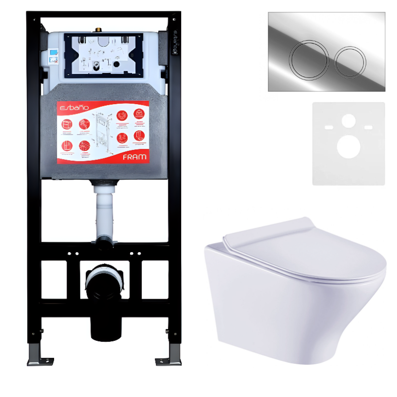 Комплект Унитаз подвесной Esbano Aster ESUPASTEW белый глянец + Инсталляция Fram + Кнопка ESINKRG11SC