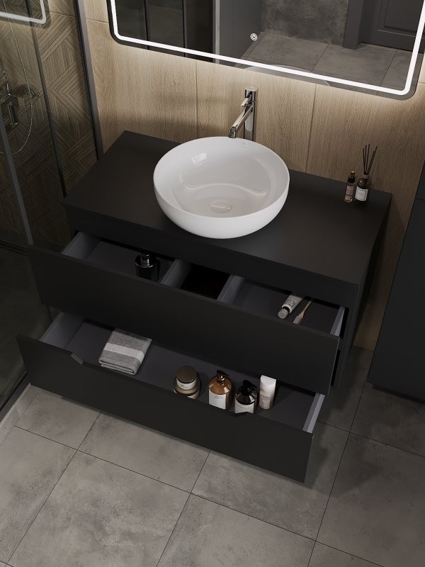Тумба с раковиной Orange Line 100 подвесная, 2 ящика, матовая черная с раковиной B07-420W
