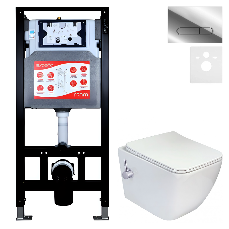 Комплект 3 в 1 Унитаз подвесной Esbano ESWBLEONWN + Инсталляция Fram + Кнопка ESINOVL17SC цвет глянцевый хром