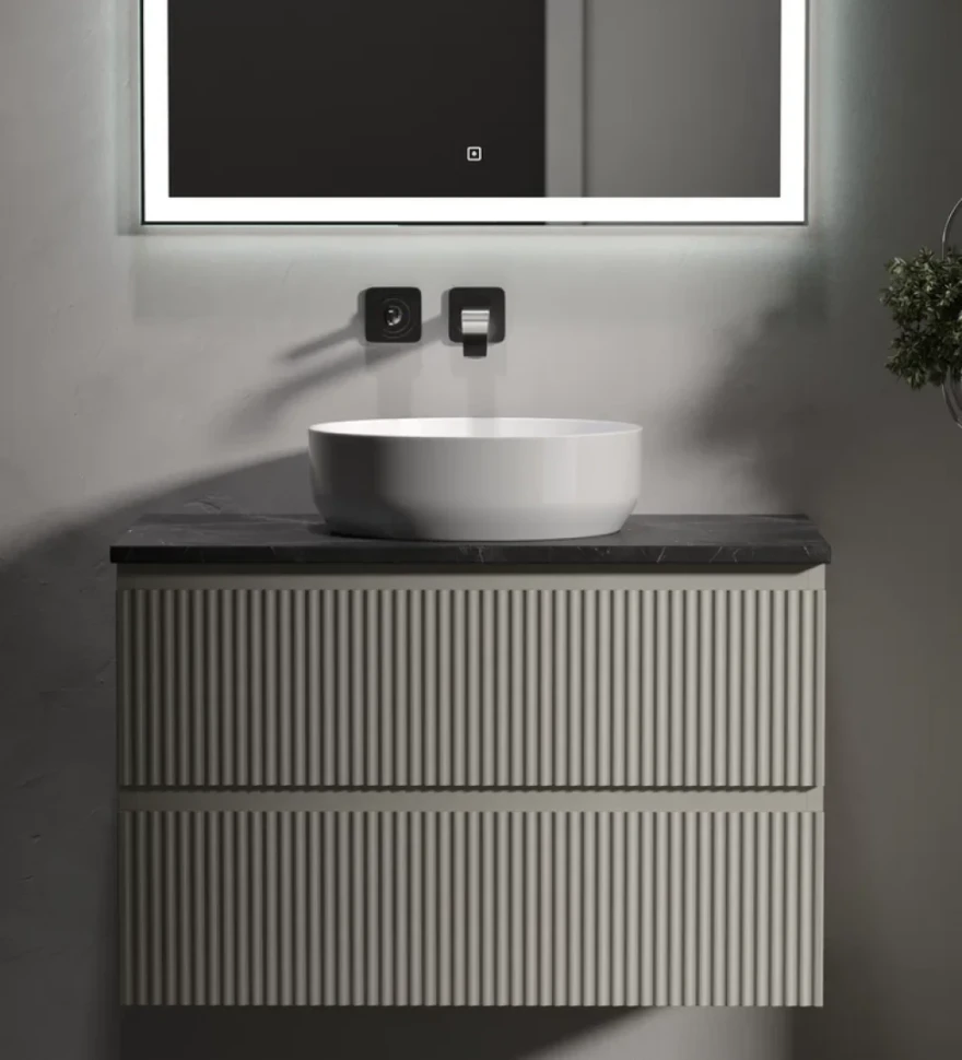 Тумба с раковиной Sancos Snob R 80 см, beige soft, столешница черный мрамор, раковина CN6022
