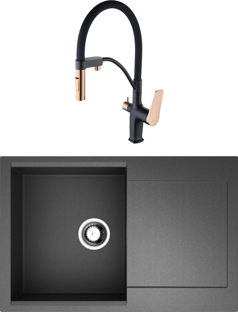 Комплект Мойка Omoikiri Daisen 78-BL черная + Смеситель Lemark Bronx LM3761BLR черный/золото с гибким изливом