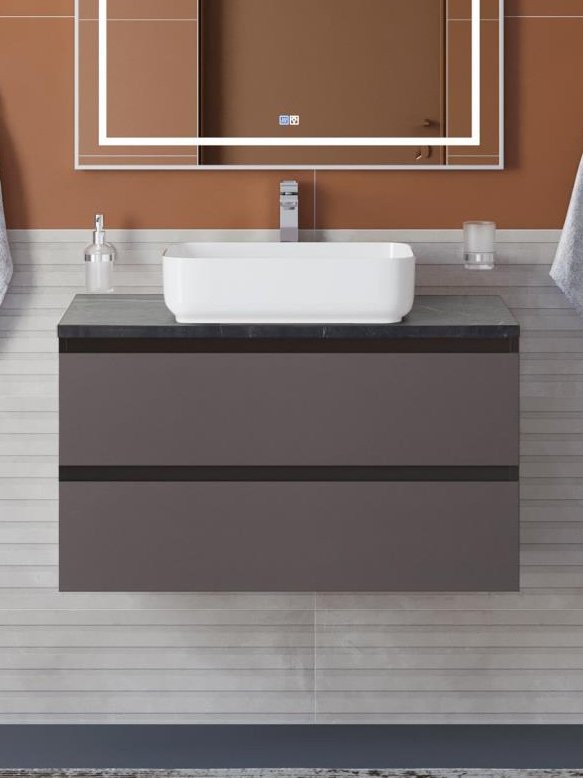 Тумба под раковину со столешницей BelBagno Kraft 90 подвесная, матовая темно-серая, столешница kep-90-mno