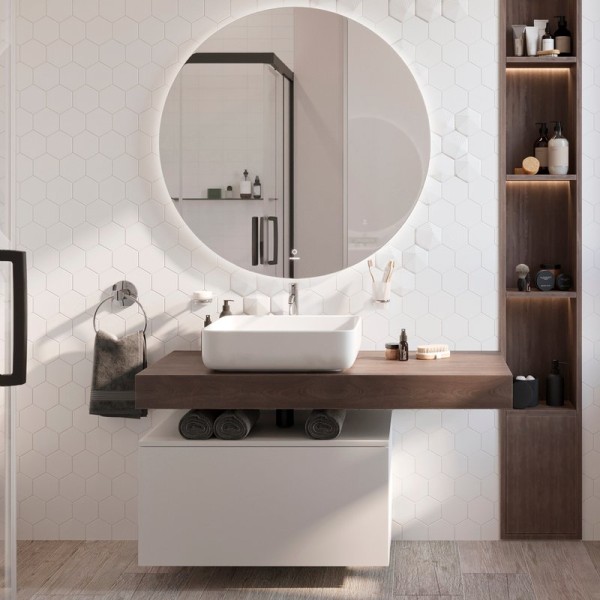 Мебель для ванной комнаты STWORKI Ольборг 120 столешница дуб карпентер, без отверстий, с тумбой 80, с раковиной STWORKI Soul 1 белой