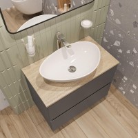 Тумба с раковиной STWORKI Колдинг 80 антрацит, с раковиной Moduo 55 Leaf, столешница орех матовый