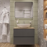 Тумба с раковиной STWORKI Колдинг 80 антрацит, с раковиной Moduo 55 Leaf, столешница орех матовый