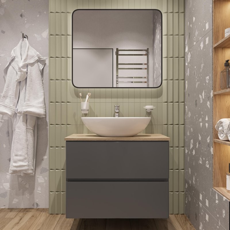 Тумба с раковиной STWORKI Колдинг 80 антрацит, с раковиной Moduo 55 Leaf, столешница орех матовый