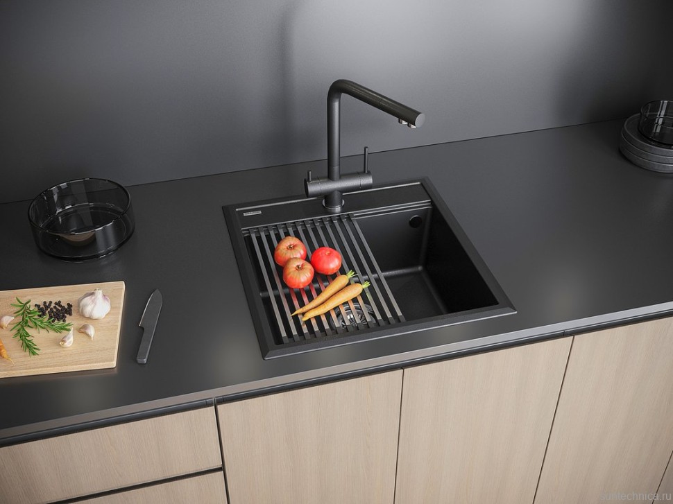 Комплект Мойка Paulmark Stepia + Step PM115051-BLM+R375-BS черный металлик + Измельчитель Bone Crusher BC 1000-AS