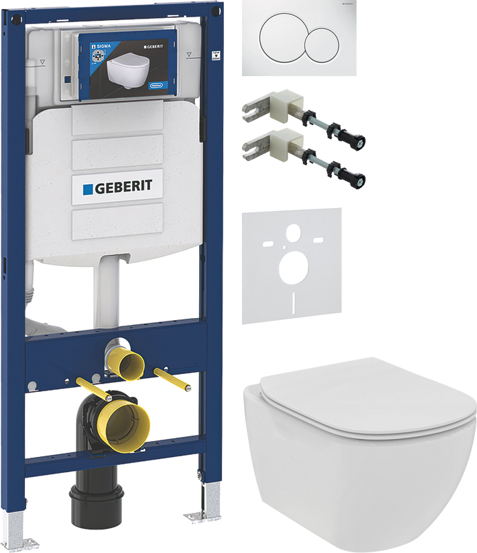 Комплект Унитаз подвесной Ideal Standard Tesi T536001 с микролифтом + Крепления Geberit Duofix 111.815.00.1 к стене + Звукоизоляция + Инсталляция UP 320 111.300.00.5 + Кнопка Sigma 01 115.770.11.5 белая