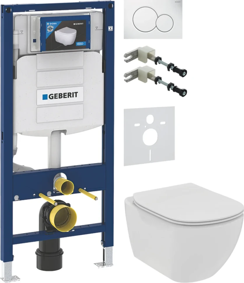 Комплект Унитаз подвесной Ideal Standard Tesi T536001 с микролифтом + Крепления Geberit Duofix 111.815.00.1 к стене + Звукоизоляция + Инсталляция UP 320 111.300.00.5 + Кнопка Sigma 01 115.770.11.5 белая